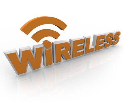 The word Wireless in orange letters and an RSS symbol, representing mobility and internet connections