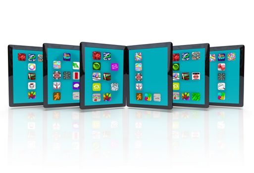 Several tablet compueters with apps, spelling out the word Tablet, representing the many applications and software available for tablets