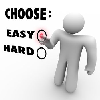 A man presses a button beside the word Easy when asked to choose a difficulty level