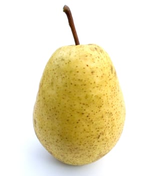 Ripe yellow pear on a white background a close up.