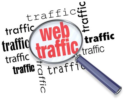 A magnifying glass hovering over several instances of the word traffic, symbolizing the search for ways to boost and analyze web traffic on the Internet