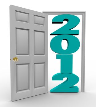 A doorway opens to reveal the new year 2012, symbolizing stepping boldly into a new era in the future