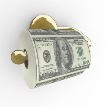 A toilet paper roll of hundred dollar bills on a dispenser, symbolizing the careless spending of money and the devaluation of currency