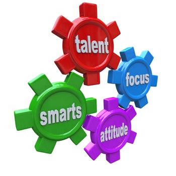 Traits of a successful person written on colorful gears - smarts, talent, focus and attitude