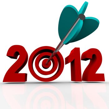 The year 2012 in red numbers on a white background with a bullseye target in place of the zero and an arrow hitting the middle of it