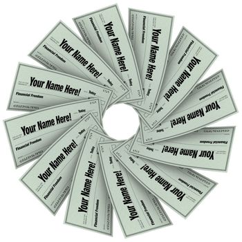 Several blank checks in a circular spiral pattern, symbolizing financial freedom