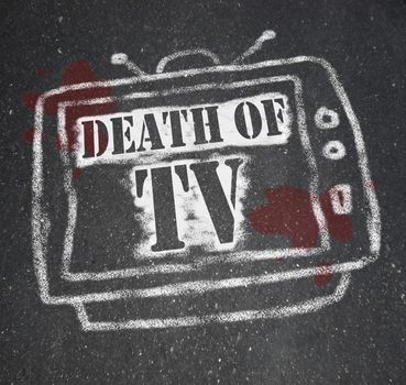 A chalk outline of a dead television, a victim of the war of new media technologies (internet, social networking, video games) vs old-school entertainment choices