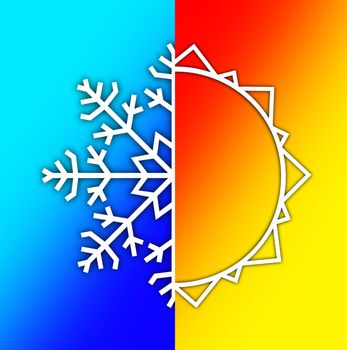 Weather elements in a sky, contrasting a summer sun in red and yellow and winter snow in blue and white