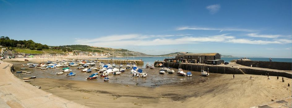 boats stranded at moorings in Lyme regis Harbor at low tide