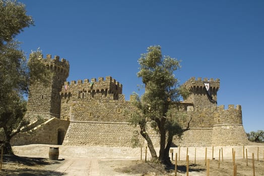 Copy of a Medieval Tuscan castle in a terraced vineyard in the hills of Northern California 