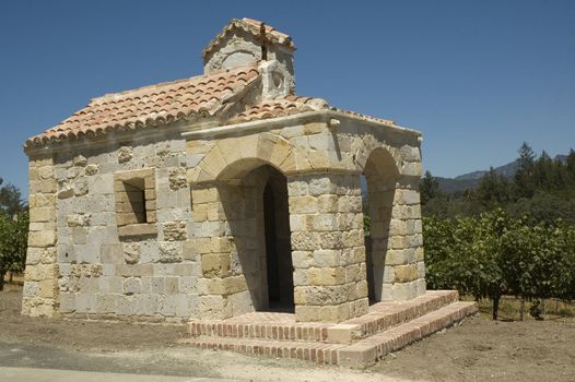 Copy of a Medieval Tuscan chapel in a terraced vineyard in the hills of Northern California 