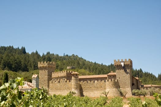 Copy of a Medieval Tuscan castle in a terraced vineyard in the hills of Northern California 