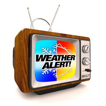 An old fashioned television shows a weather update with a sun and snowflake background