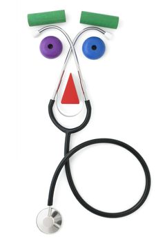 A happy face stethoscope using building blocks to form eyebrows, eyes and nose.