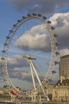 The famous London Eye. Once the largest ferris wheel in the world, still a popular tourist attraction and a landmark in London's skyline.
