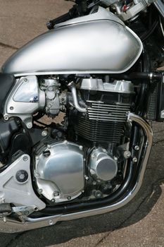 The engine and petrol tank of a modern sports motorcycle