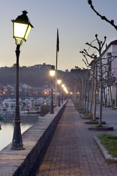 image of a long cold street with a line of lamppost