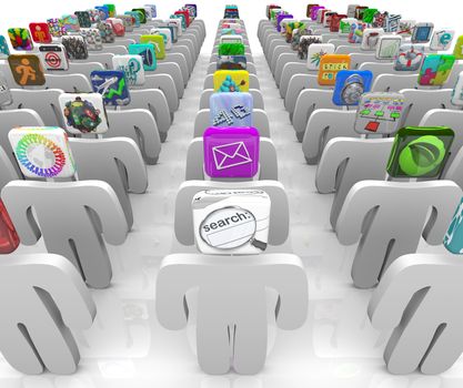 Many people with app tiles for heads stand in rows symbolizing the vast selection of the online software marketplace