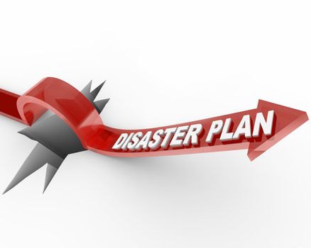 A red arrow with the words Disaster Plan leaps over a wide hole