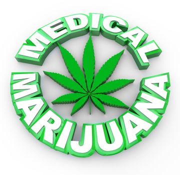 The words medical marijuana surrounding a cannabis leaf icon