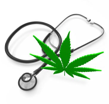 A cannabis leaf and black stethoscope on a white background