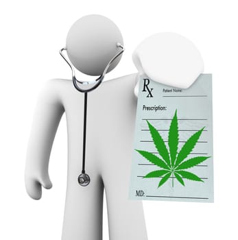 A doctor holds a blank prescription showing a cannabis leaf, symbolizing using marijuana as medicinal theraphy
