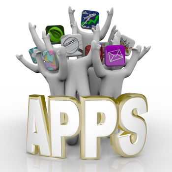 Several people with application icons as heads stand cheering behind the word Apps