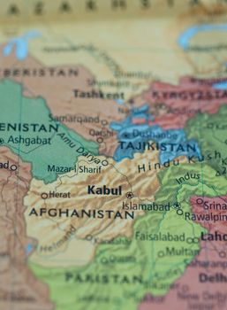 Map of Afghanistan Pakistan area with selective focus on Kabul
