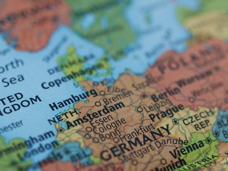 Europe map of Netherlands Germany map area with selective focus on Amsterdam