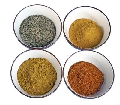 Four spices typical of indian cuisine: cumin, curry, chili and curcuma