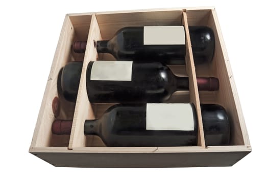 Three bottles of red wine horizontal in a wooden box