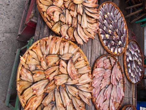 Catfish, Striped snakehead fish, and   Gourami fish, in a circle on plate