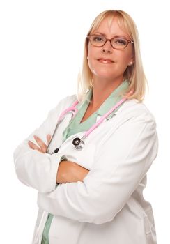 Friendly Female Blonde Doctor or Nurse Isolated on a White Background. 