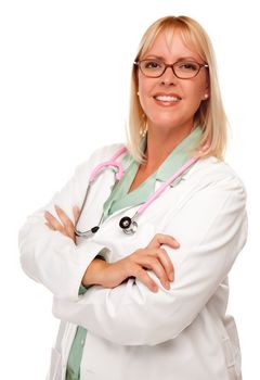 Friendly Female Blonde Doctor or Nurse Isolated on a White Background. 