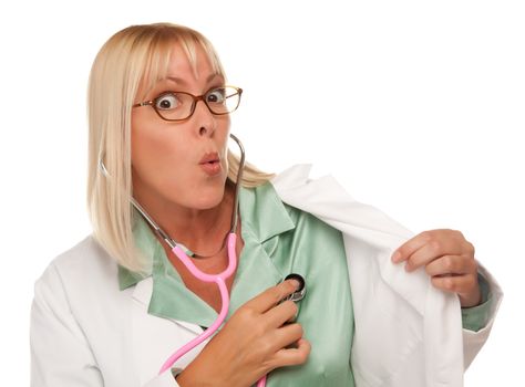 Attractive Female Doctor or Nurse Checking Her Own Heart Isolated on a White Background.