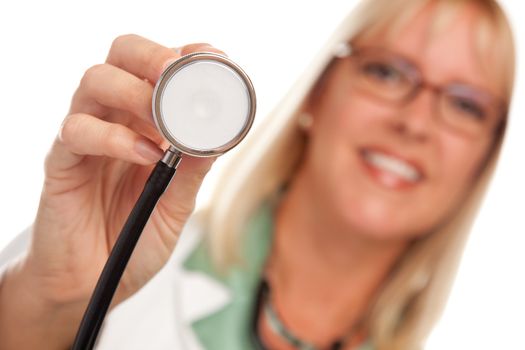 Attractive Female Doctor Holding Stethoscope Isolated on a White Background.