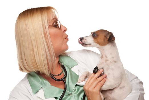 Attractive Female Doctor Veterinarian with Small Puppy Isolated on a White Background.