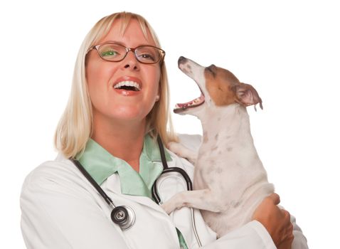 Attractive Female Doctor Veterinarian with Small Puppy Isolated on a White Background.