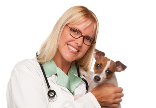 Attractive Female Doctor Veterinarian with Small Puppy Isolated on a White Background.