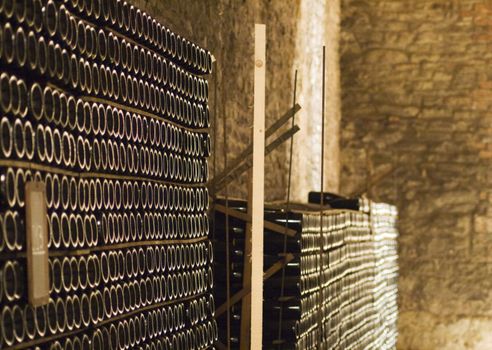 Closeup of bottles of wine aging in an old cellar