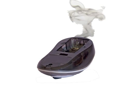 An upside mouse with a little smoke