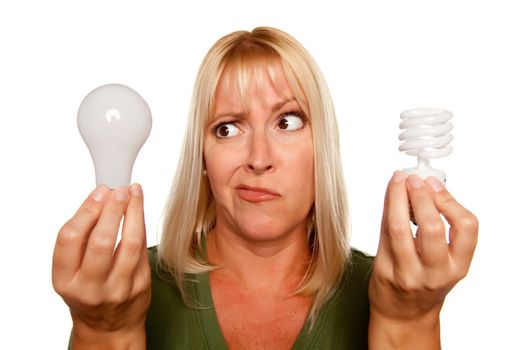 Funny Faced Woman Holds Energy Saving and Regular Light Bulbs Isolated on a White Background.