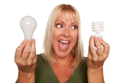 Woman Holds Energy Saving and Regular Light Bulbs Isolated on a White Background.