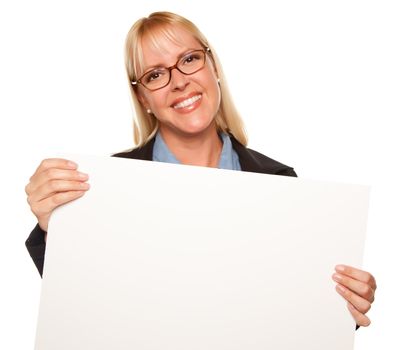 Attractive Blonde Holding Blank White Sign Isolated on a White Background.