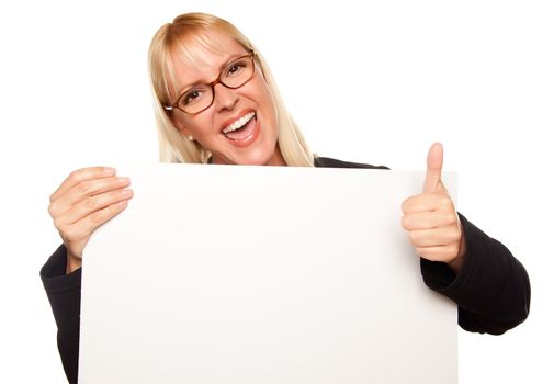 Attractive Blonde with Thumbs Up Holding Blank White Sign Isolated on a White Background.