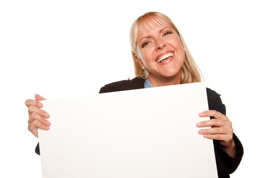 Attractive Blonde Holding Blank White Sign Isolated on a White Background.