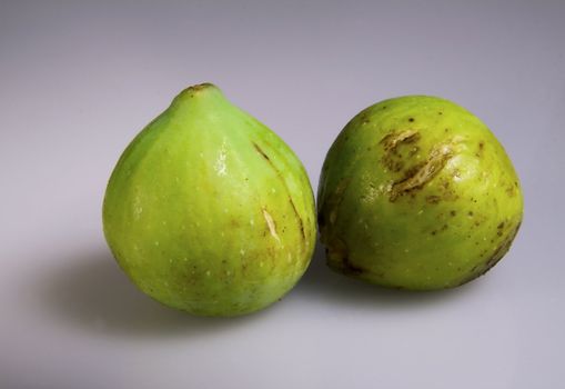 Two green figs over a gray background