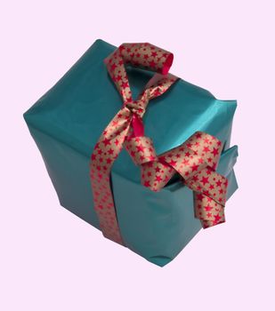 Blue-green box for gift with a red starred ribbon