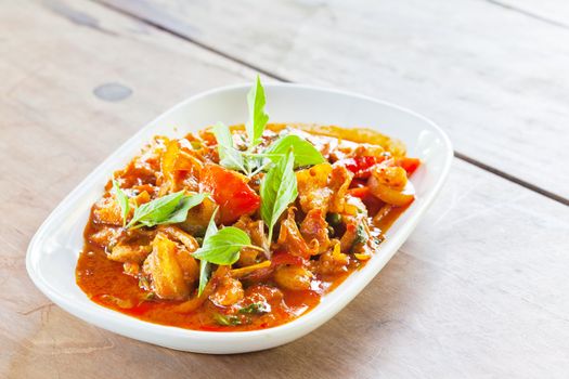 Thai food, Pork, Spicy Boar mixed with spices on plate