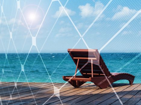 Relax chair on a wooden pier with solar panel